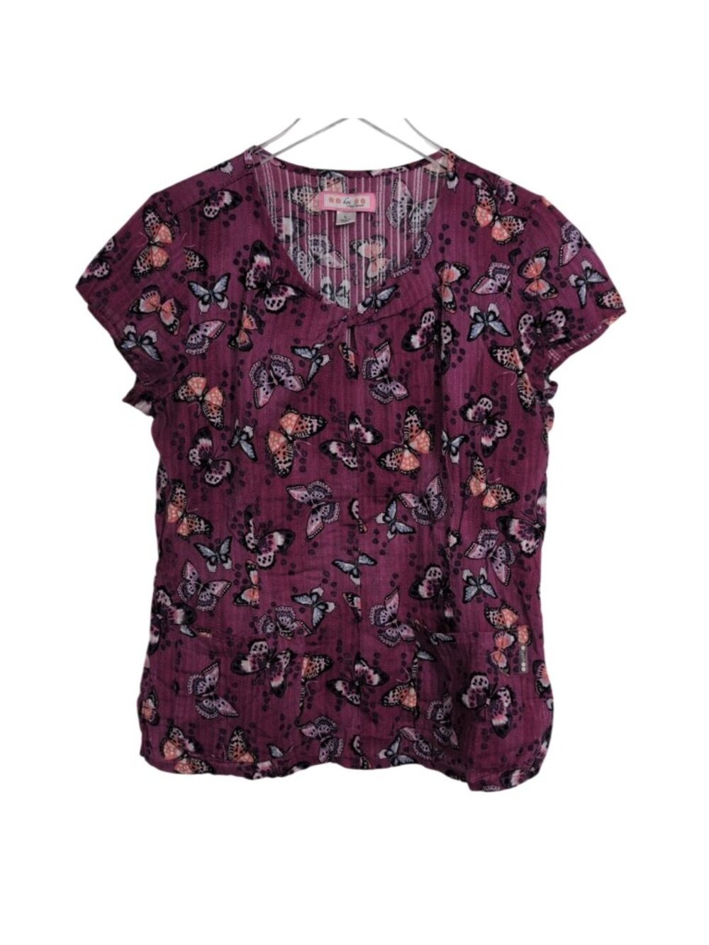 Koi Butterfly Scrub Top Womens Size Large Purple Medical Nurse Tech Whimsical